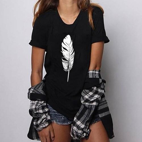 FIXSYS Women Harajuku Graphic Printed Tee Summer White Feather Black T-shirt Femme Fashion Girls Casual Cotton O-Neck Clothes