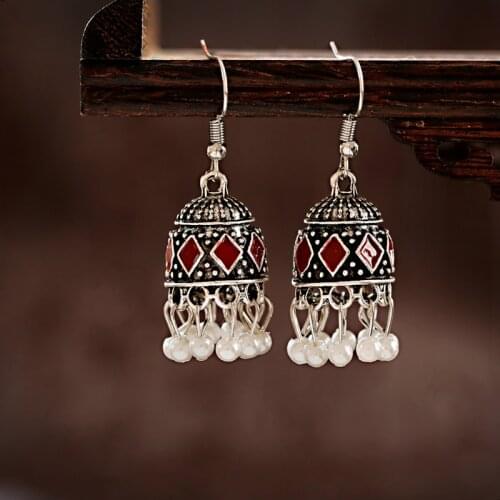 Classical Retro Imitation Pearls Indian Jhumka Earrings Red Silver Color Bell Tassel Earrings For Women Oorbellen