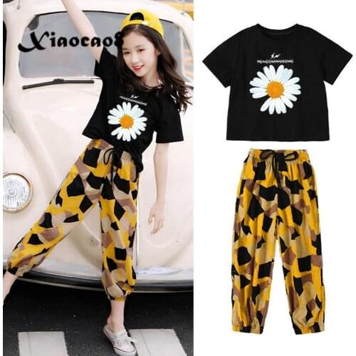 Teenage Girls Clothing Kids Summer Two Piece Set Black Short Sleeve t shirts +Loose Pants Toddler Big Girls Clothes 6 8 10 12 14
