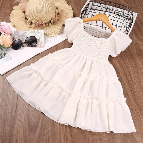 Sweet Baby Girl Tiered Princess Dress Summer Toddler Kids Solid Color Short Puff Sleeve Square Collar Ruffle A-Line Dress