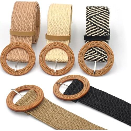 Women Elastic Belt Round Buckle Vintage Boho Straw Woven Belt Dress Belt