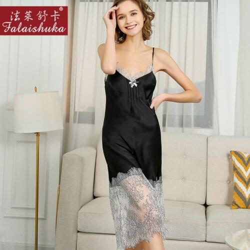 New noble sexy 100% silk women nightgowns Spaghetti Strap lace sleepdress quality 100% natural silk nightdress women D3655