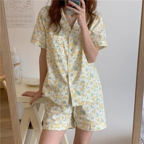 Flower Pattern Woven Pajamas Set Cute Loose Two-piece Home Service Women SA815