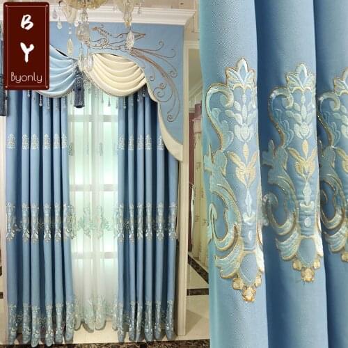 Blue European-style Embroidered Curtains Finished Custom Blackout Curtains for Living Dining Room Bedroom