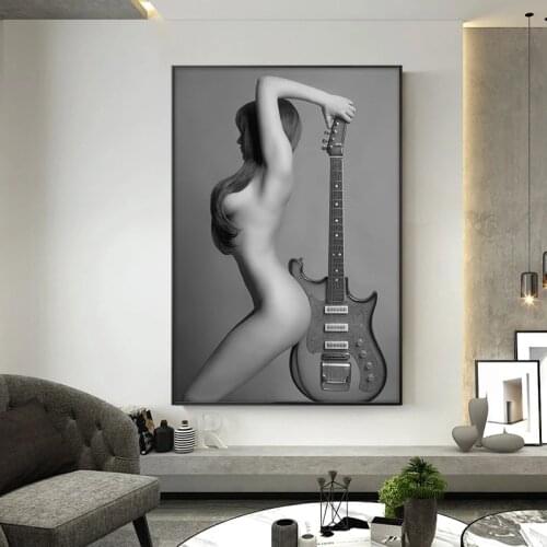 Modern Nude Art Posters and Prints Wall Art Canvas Painting Sexy naked Girl with Guitar Pictures for Living Room Home Decor
