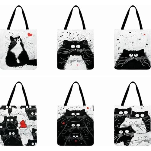 Ins Black And White Cat Printed Tote Bag For Women Linen Fabric Bag Casual Foldable Shopping Bag Outdoor Beach Bag Daily Handbag