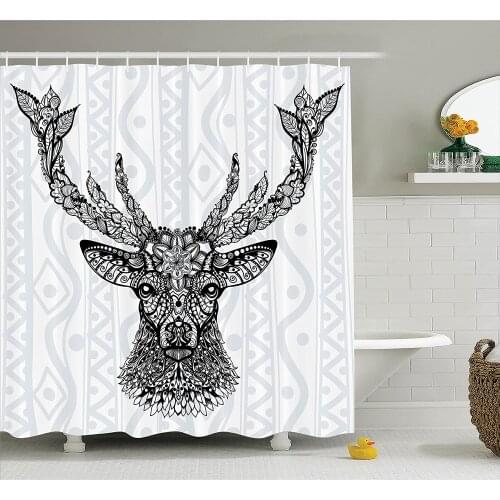 Deer Shower Curtain Black and White Aboriginal Floral Polynesian Ethnic Patterns Artsy Boho Bath Curtains for Bathroom Decor