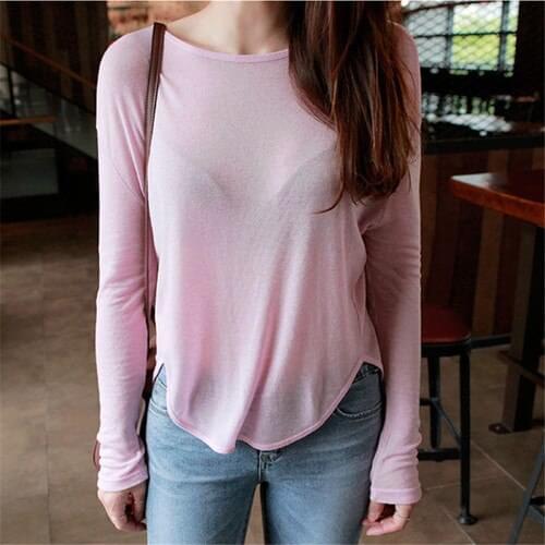 Women 2017 fashion t-shirt o-neck long sleeve irregular lap loose casual tees ladies thin sexy spring autumn tops free shipping