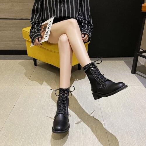 Spring and Autumn 2020 new round head Martin boot womens leather boot elastic boot lace-up middle heel leisure boot X585