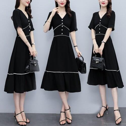 Womens V-neck black midi plus size dress L-5XL fat XXL XXXL 3XL XXXXL 4XL XXXXXL woman party Cocktail Casual loose blouses dress