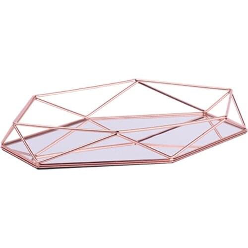 1 Pcs Retro Gold Storage Tray Polygon Glass Makeup Organizer Tray Plate Jewelry Display Stand Holder Home Decor