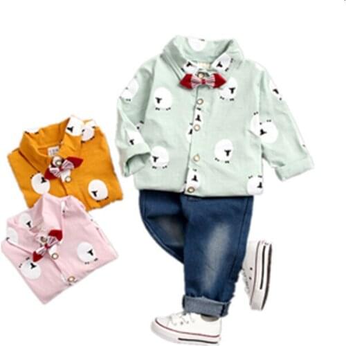 Spring Autumn Children Casual Clothing Kids Tracksuit Baby Boy Girls Cartoon Shirts Jeans 2Pcs/sets Toddler Cotton Clothes Suit