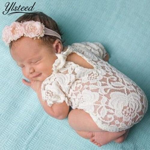 2 Pieces Set Newborn Photo Props Baby Lace Romper Headband Set Rose Floral Hair Band Newborn Romper Infant Photography Headband