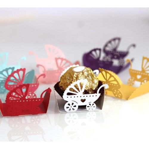 50Pcs Laser Cut Baby Carriage Cart 35*35MM Candy Box Wedding Favors Gift Lace Paper Candy Bar Wedding Decorations Party Supplies