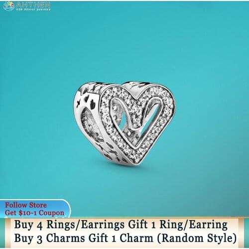 Ahthen S925 Silver Beads Sparkling Silver Freehand Heart Charms fit Original Pandora Bracelets for Women Jewelry Making
