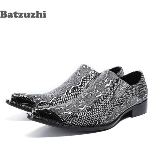 Batzuzhi Luxury Italian Style Men Shoes Pointed Iron Toe Leather Shoes Men Slip on Silver/Gold Leather Dress Shoes Men Formal