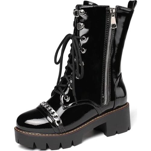 Chain Shiny Leather Handsome Motorcycle Punk Short Boots Patent Leather Side Zipper Cool Street Thick Bottom Thick Heel Mid-Calf