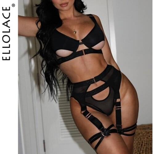 Ellolace Hollow Out Erotic Lingerie Apparel Underwear Set Solid Sexy Costume Bra 3 Piece Porn Sissy Intimate Sensual Sex Suit
