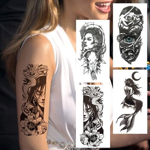 Harajuku Fake Temporary Tattoo For Women Men Drawing Black Mermaid Tattoos Snake Flower Totem Unique Waterproof Tatoos Arm Art