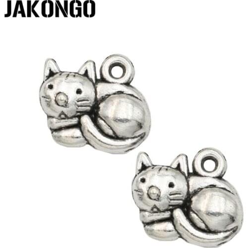 JAKONGO Antique Silver Plated Cat Charms Pendant for Jewelry Making Bracelet Accessories DIY Handmade 12x15mm 25PCS/lot