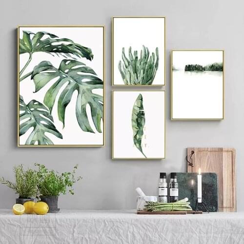 Green Watercolor Leaves Plants Poster Scandinavian Style Decorative Picture Modern Wall Art Paintings For Living Room Home Decor