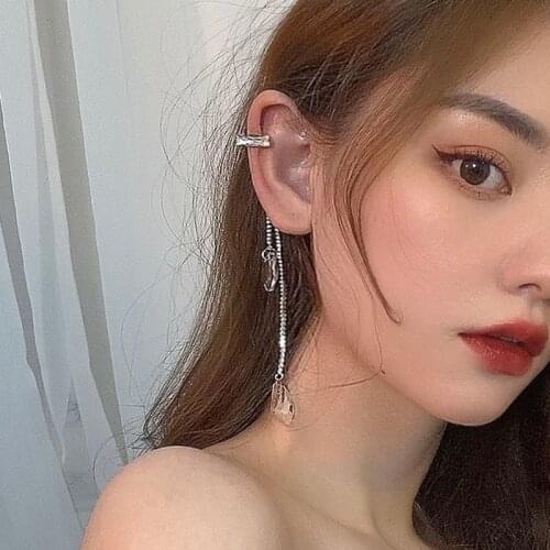 Korean Silver Color Double Geometric Crystal Ear Cuff Bar Long Chain Tassel Clip on Earrings for Women Kpop Back Hanking Earcuff