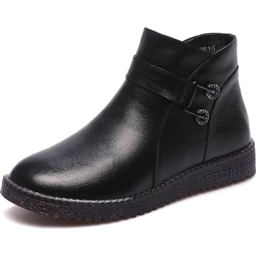 Nice Autumn Slip-On Genuine Leather Ladies Ankle Boots For Women Low Heel Black Warm Plush Winter Boots Women