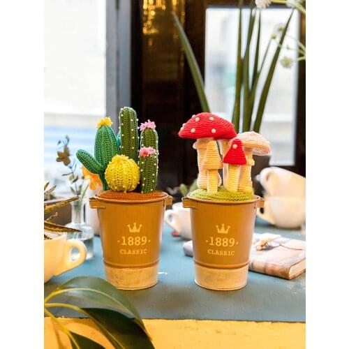 Handmade DIY Mini Wool Knitting Potted Plants Crochet Cactus Mushroom shape Artificial Crochet Desk Decoration Green Plant
