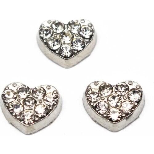 Newest 10pcs/lot Silver Heart Full Rhinestone Floating Charms Fit Living Glass Floating Lockets Bracelet DIY Jewelry Making