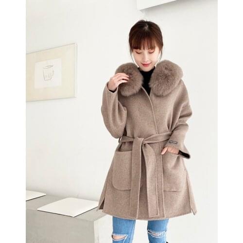 HDHOHR 2021 Cashmere Wool Blends Real Fur Coat Winter Jacket Women Natural Fox Fur Collar Outerwear Belt Streetwear Oversize