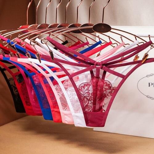 Sexy Transparent Womens Underwear Lace Fashion Cross Belt Thongs Pearl Decoration Flower T Pants Embroidered G-String