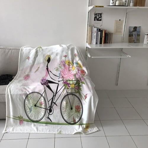 Special Throw Blanket For Bed Bicycle Girl Flowers Cartoon Nap Traveling Soft Flannel Blanket Childrens Bedroom Bedspreadc