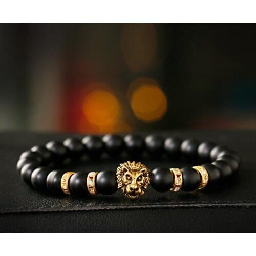 Alloy Lion Head Beaded Bracelet Mens New Fashion Natural Stone Couple Bracelet Charm Bead Jewelry
