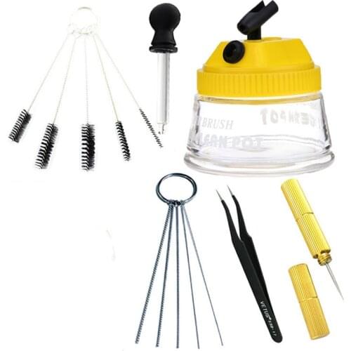 0.2/ 0.3/0.5mm Airbrush Cleaning Pot Glass Air Brush Holder Clean Paint Jar Bottle Spray Gun Wash Tools Needle Nozzle Brush Set