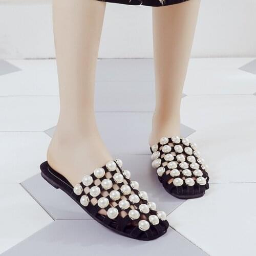 New Womens Low-heeled Shoes Temperament Pearl Solid Color Round Toe Non-slip Summer Slippers Ladies Sandals Womens Shoes