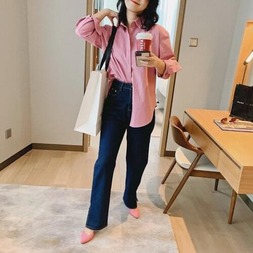 2021 Spring Autumn Womens Pink Cotton Basic Shirt Blouses Casual Plain Oversized Female Tops Tunics Boho Sweater Denim Cardigan