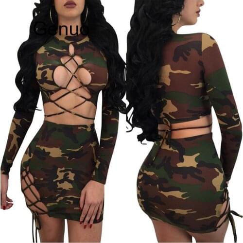 Lace Up Summer Dress Camouflage Print Two Piece Set Bandage Hollow Out Sexy Bodycon Dresses Long Sleeve Short Wrap Femme