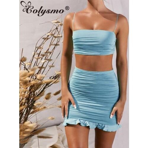 Colysmo Bodyocn Two Piece Set Summer Spaghetti Straps Crop Tops Ruched Ruffles Hem Mini Skirts 2 Piece Set Women Outfits White
