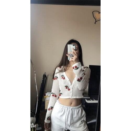 2021 New Women Autumn Cardigan 3D Cherry Single-Breasted V-Neck Long Sleeve Knitted Coat for Girls