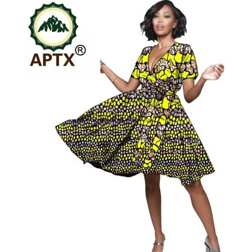 African Women Fashion Ankara Dress V-neck with Short Sleeve Print Cotton Wax Fabric Dresses