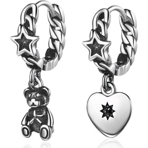 Asymmetry Vintage Style Bear & Zirconia Heart Pendant Small Hoop Earrings Thai Silver Color Loop Huggie Earrings for Women Men