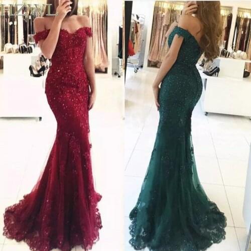 Burgundy Off the Shoulder Beaded Lace Mermaid Prom Dresses 2020 Floor Length Formal Evening Gowns Vestido de Fiesta