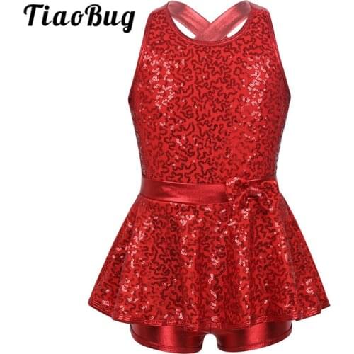 TiaoBug Kids Sleeveless Sequined Dancewear Gymnastics Leotard Girls Ballet Figure Skating Dress Modern Rave Jazz Dance Costume