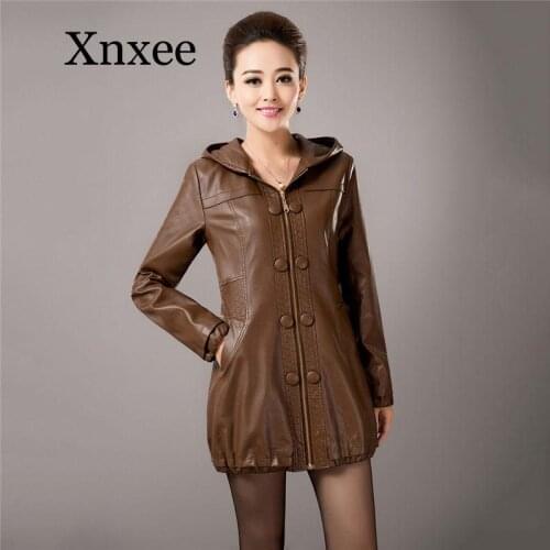 Elegant Fashion Middle-aged Leather Coats Womens Spring Autumn Clothing Long Section Slim Large Size PU Leather Jacket Female