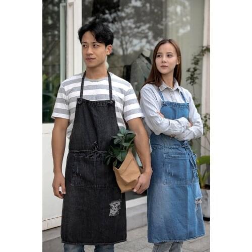 83x88cm retro cotton thick denim ripped apron adult household kithen gown apron coffee maker Florist shop Baking overalls