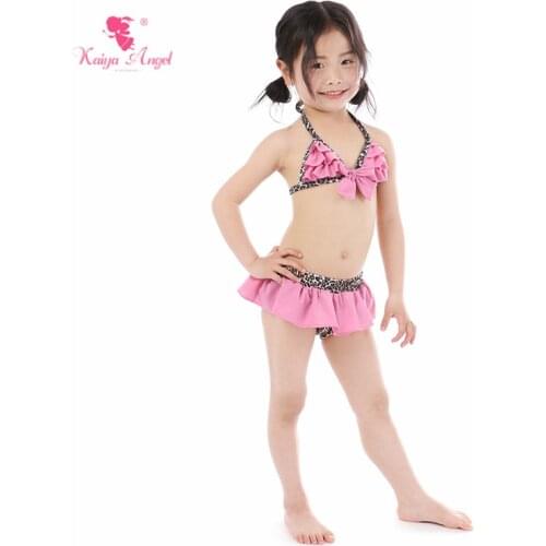 Kaiya Angel New Baby Girl Swimwear Summer Toddlers Patchwork Pink Bow Leopard Print Cute Ruched Two Pieces Kid Factory Wholesale