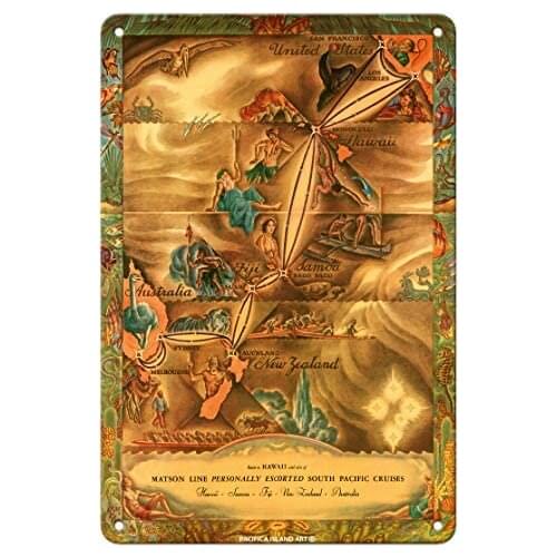 South Pacific Route Map - Hawaii, Samoa, Fiji, Australia, New Zealand - Matson Line Metal Tin Sign