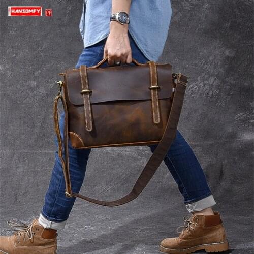 Men Handbags Male Shoudler Messenger Bag School Bag Retro Mens Bags Crazy Horse Leather Distressed Genuine Leather Vintage Soft