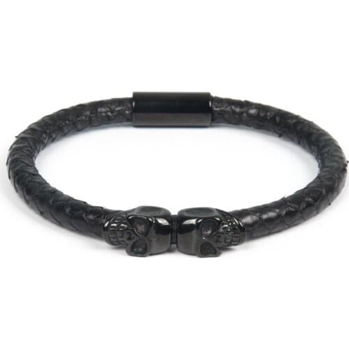 Luxury Real Snake skin Man Bracelet Men Stainless Steel Double Skull Bracelets & Bangles Male Jewelry
