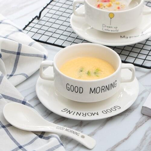 Creative cartoon binaural bowl ceramic tableware spoon set tableware stew soup bowl dessert double milk bowl small bowl